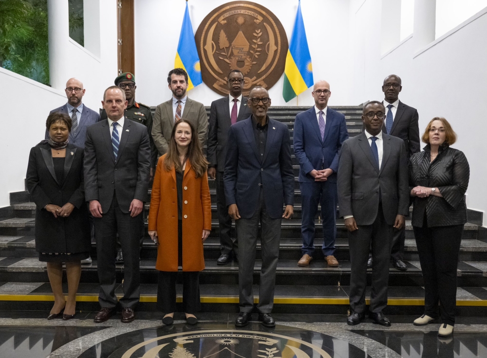 President Paul Kagame poses for a photo with White House Director of National Intelligence Avril Haines (3rd left) and other officials after having discussions over the security crisis in eastern DR Congo, in Kigali on Sunday, November 19. According to the Office of the President, the discussions focused on ways to de-escalate tensions and address the root causes of the insecurity in eastern DR Congo. Photo: Village Urugwiro. 