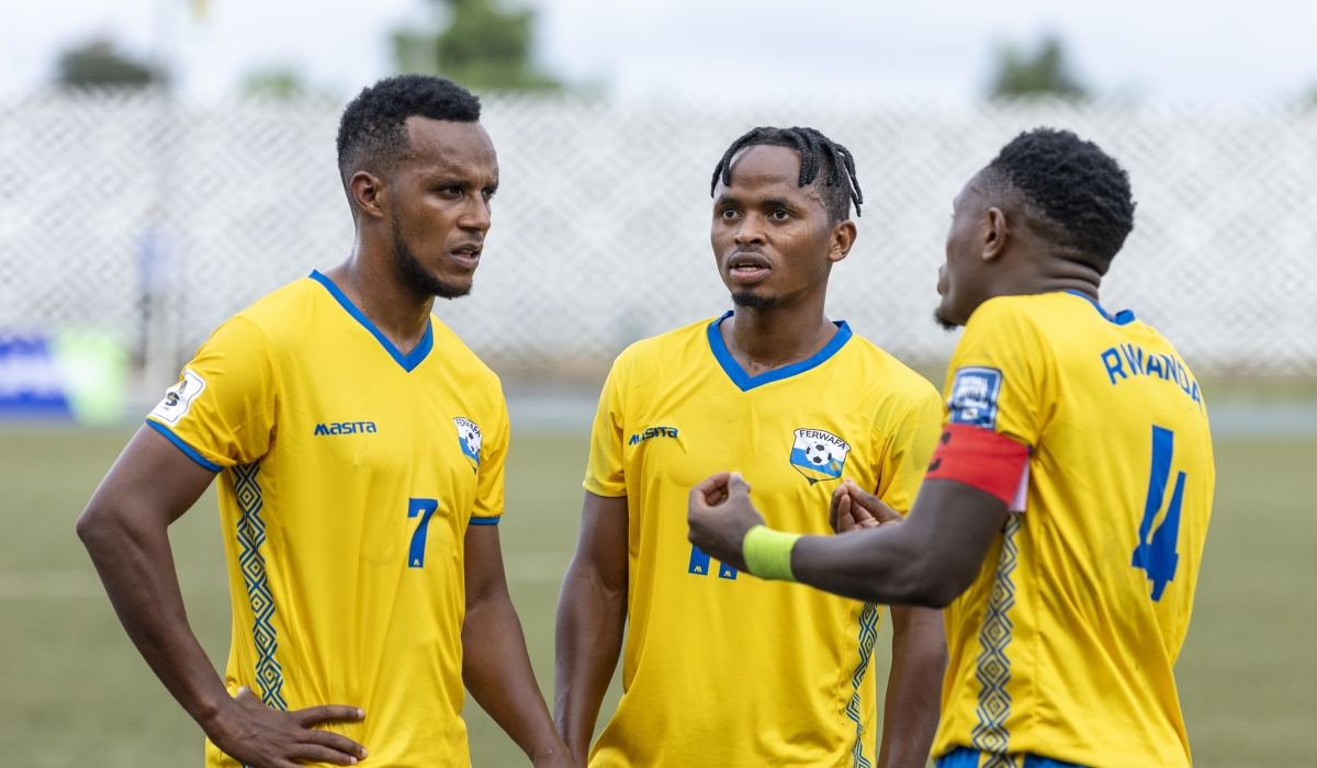 Amavubi captain Djihad Bizimana speaks to Patrick Sibomana and Kevin Muhire during a goalless draw against Zimbabwe at Huye stadium. They take on South Africa in dicey Africa 2026 World Cup Group C qualifier at the Huye Stadium.
