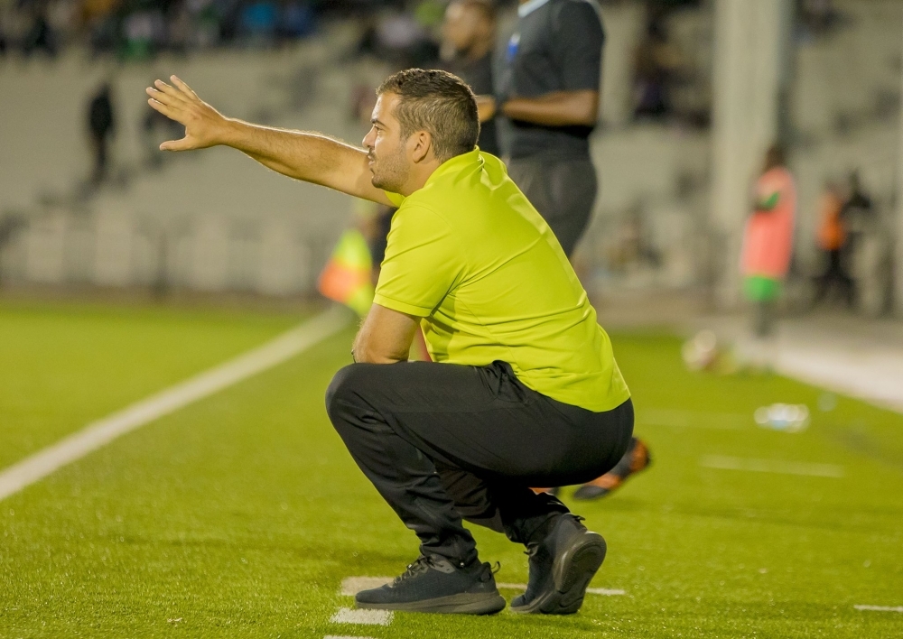Kiyovu Sports head coach Petros Koukouras communicates to his players during a 2-1 game against Marine FC at Kigali Pele stadium. The Greek tactitian has left the green baggies after 5 months of duty. File