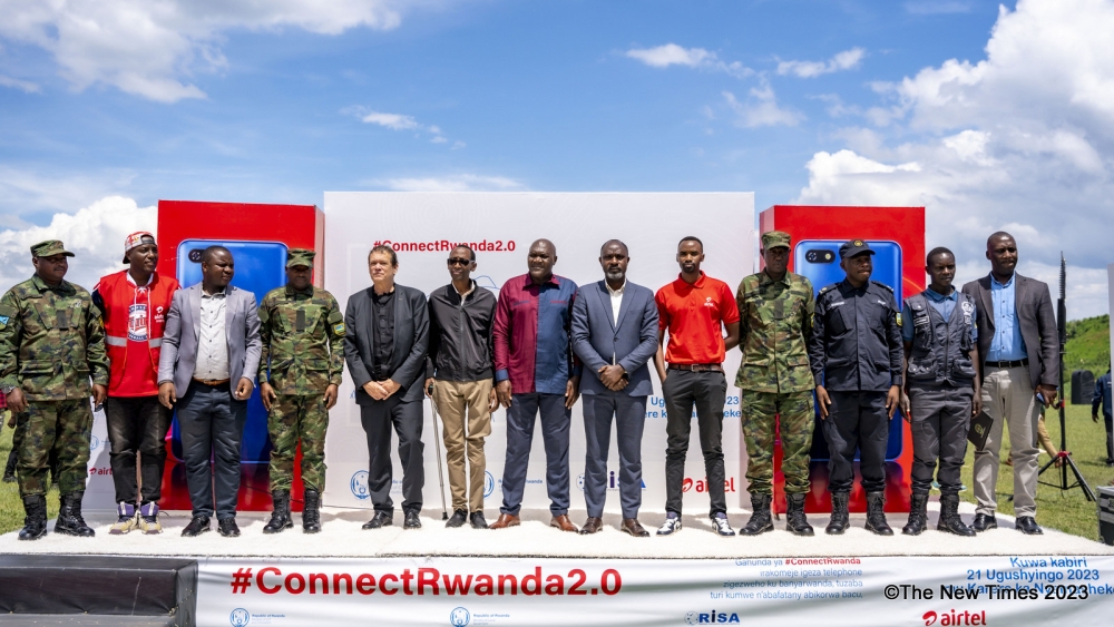 Officials pose for a group photo when Airtel Rwanda launched the ambitious &#039;ConnectRwanda 2.0&#039; campaign in Nyamasheke District, Western Province on November 21. Emmanuel Dushimimana