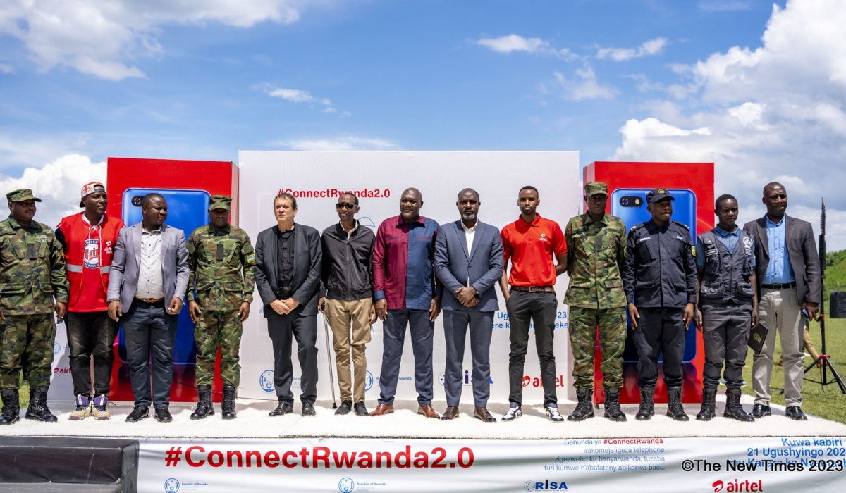 Officials pose for a group photo when Airtel Rwanda launched the ambitious &#039;ConnectRwanda 2.0&#039; campaign in Nyamasheke District, Western Province on November 21. Emmanuel Dushimimana