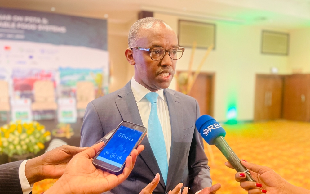 The Minister of State for Agriculture and Animal Resources, Eric Rwigamba, speaks to journalists after opening a three-day knowledge-sharing seminar for the development of the fifth Strategic Plan for Agriculture Transformation (PSTA5), on November 22, 2023. Photo by Emmanuel Ntirenganya