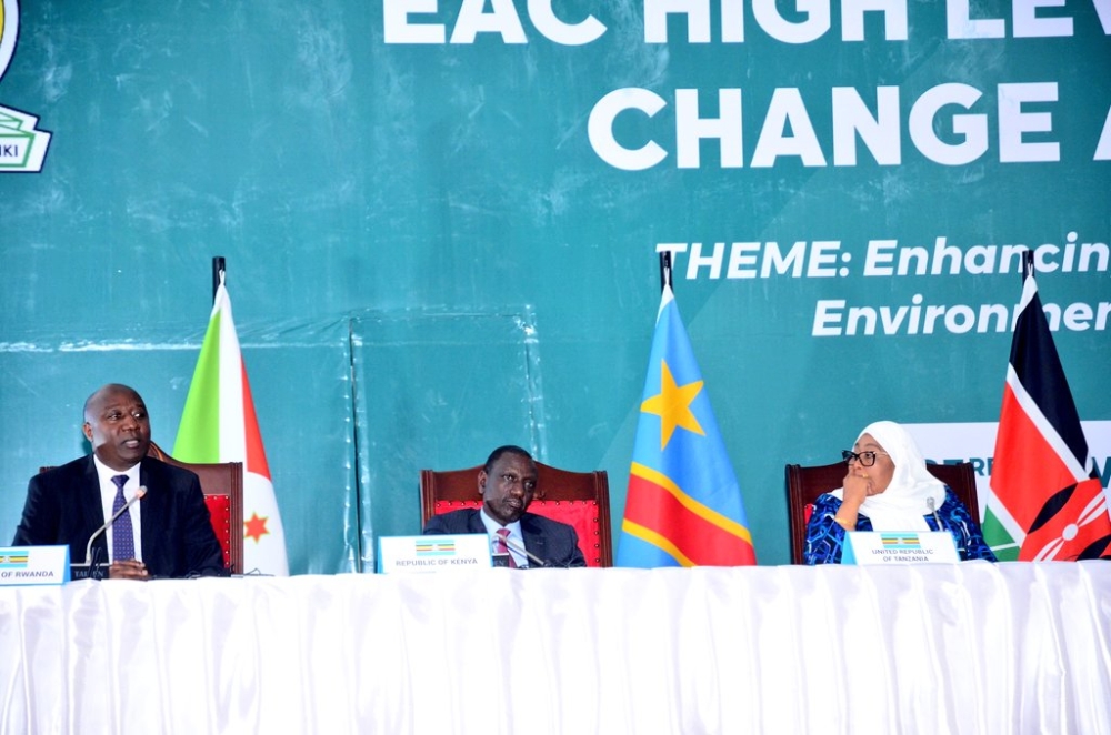 Prime Minister Edouard Ngirente delivers remarks as  Kenyan President William Ruto, Tanzanian President Samia Suluhu Hassan look on, at the EAC High-Level Forum on Climate Change and Food Security in Arusha, Tanzania on Thursday, November 23. Courtesy