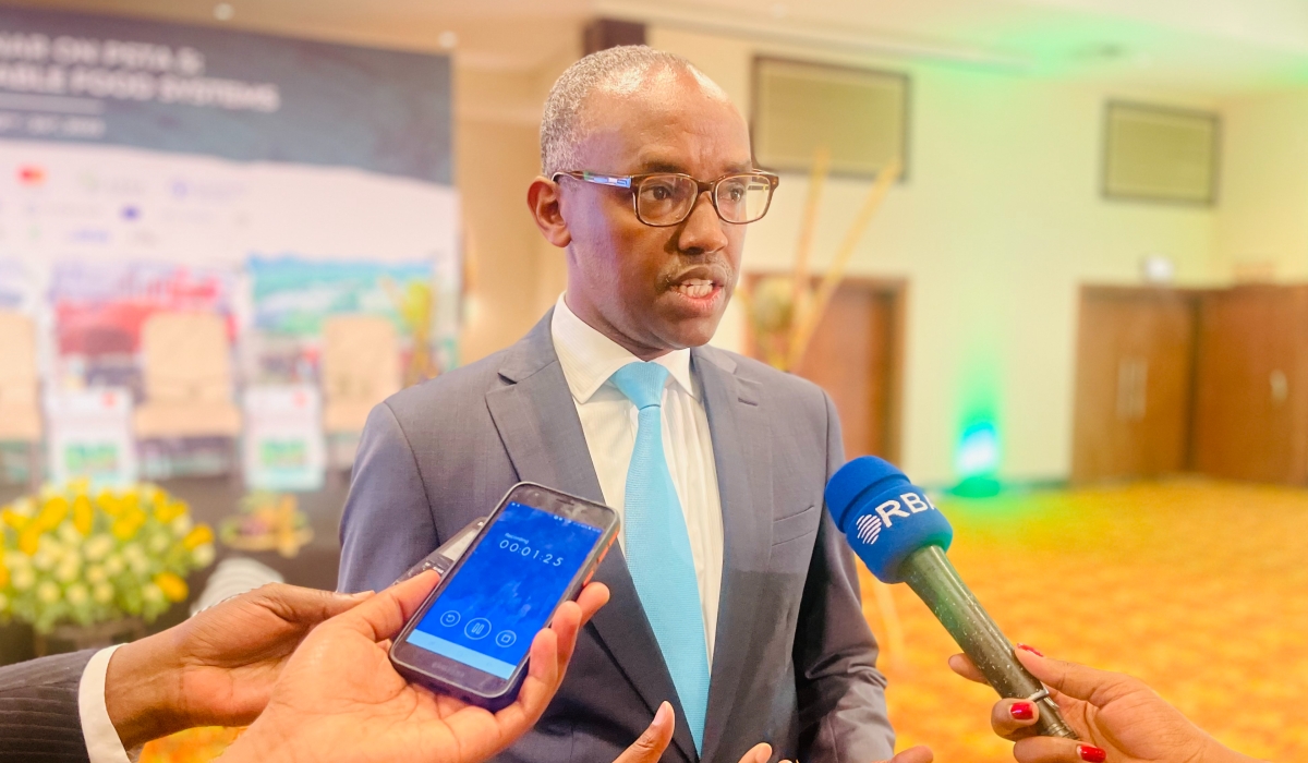 The Minister of State for Agriculture and Animal Resources, Eric Rwigamba, speaks to journalists after opening a three-day knowledge-sharing seminar for the development of the fifth Strategic Plan for Agriculture Transformation (PSTA5), on November 22, 2023. Photo by Emmanuel Ntirenganya