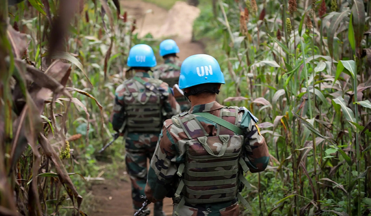 Peacekeepers serving with the United Nations Stabilization Mission in the Democratic Republic of Congo (MONUSCO) patrol on foot in North Kivu province. Courtesy Photo
