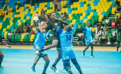 Police Handball team players vie for the ball with APR handball&#039;s player during a league game. At least nine team will take part in the 2023 Coupe du Rwanda handball tournament. FILE