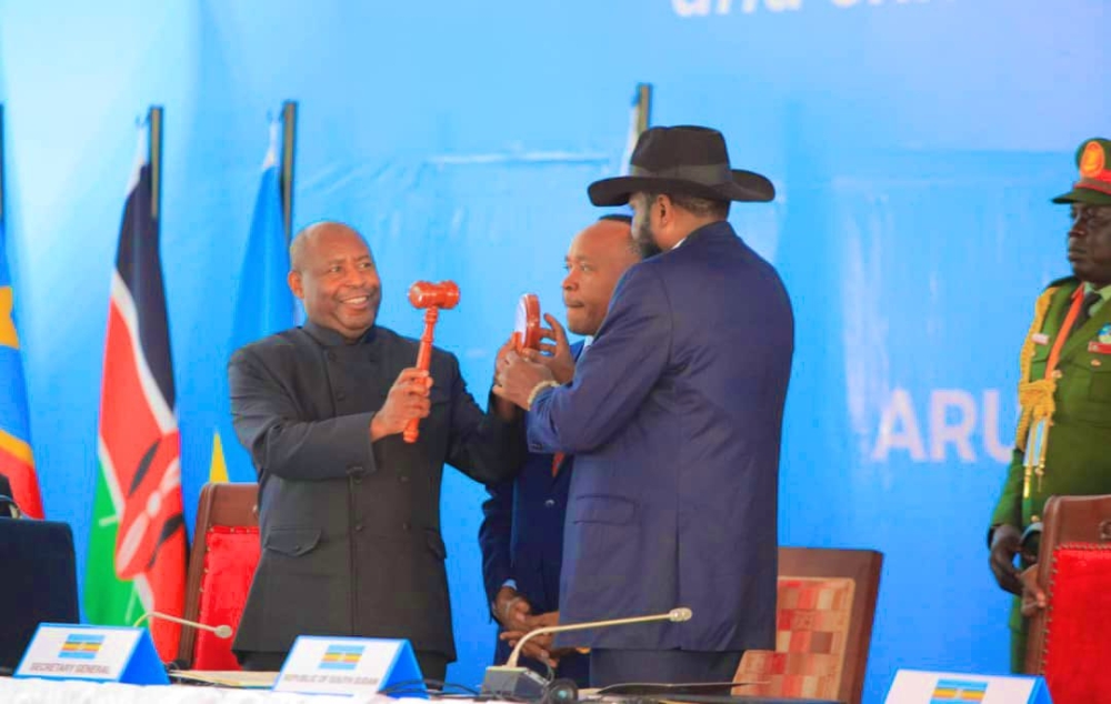  Burundi’s President Evariste Ndayishimiye hands over EAC chairmanship to South Sudan President, Salva Kiir Mayardit, on November 24. in Arusha Tanzania. Photo Courtesy 