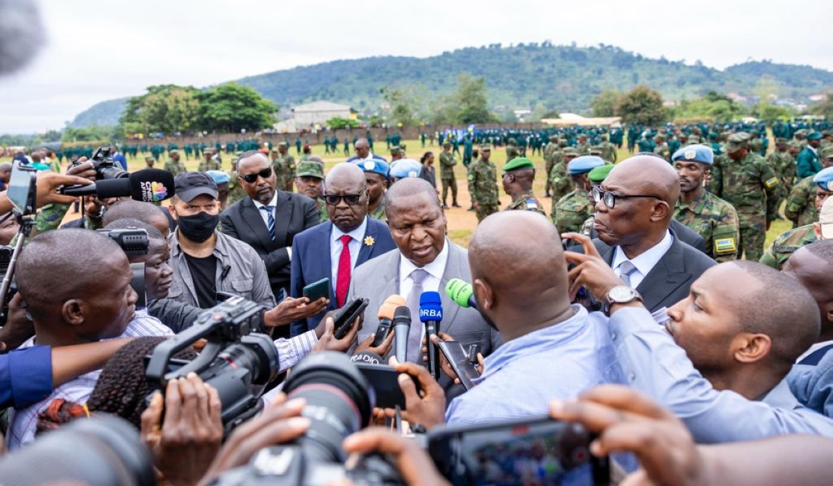 Central African Republic President Faustin-Archange Touadéra talking to the media on Friday, November 24, at a military camp just outside the CAR capital, Bangui,  where 512 Central African Armed Forces (FACA) soldiers trained by the Rwanda Defence Force (RDF) graduated. All photos by Olivier Mugwiza.