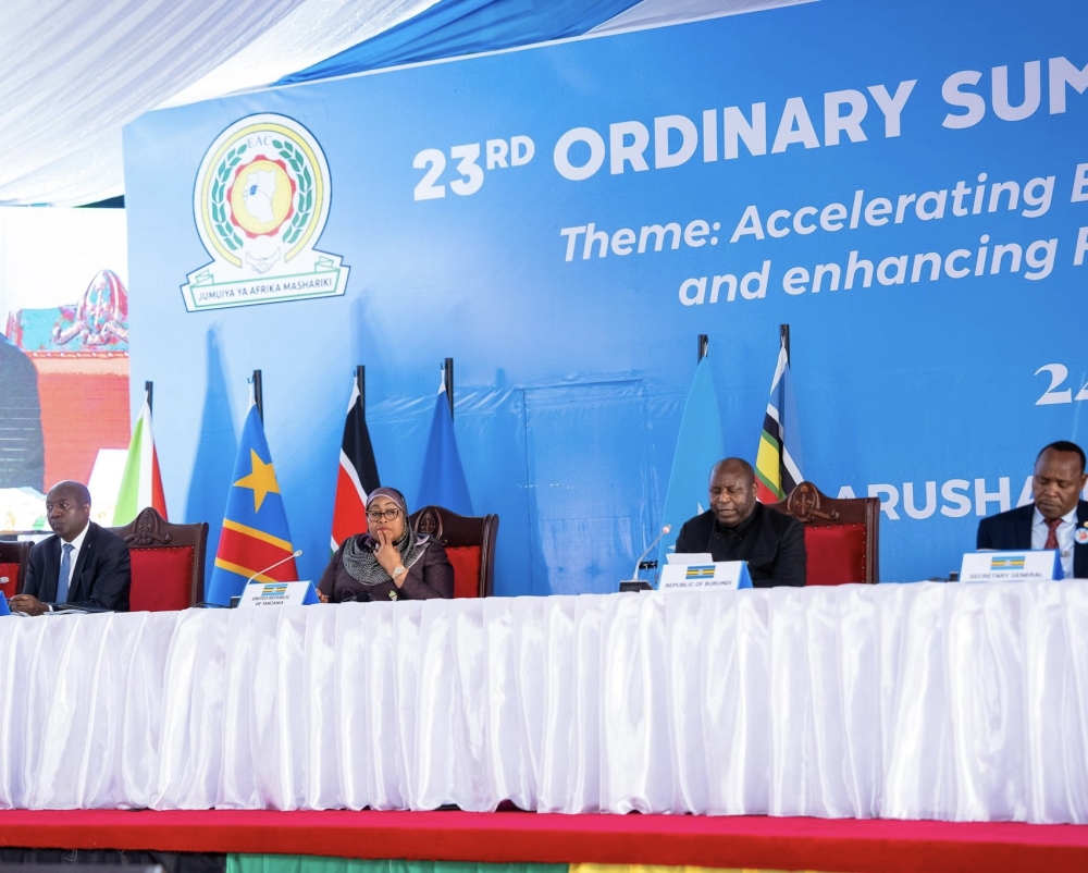Left to right: Prime Minister Edouard Ngirente representing Rwanda’s President Paul Kagame; Tanzanian President Suluhu Samia, Burundi’s President Evariste Ndayishimiye, and EAC Secretary General Peter Mathuki, at the 23rd Ordinary Summit of the EAC Heads of State which took place on November 24, 2023, in Arusha, Tanzania. (Courtesy).