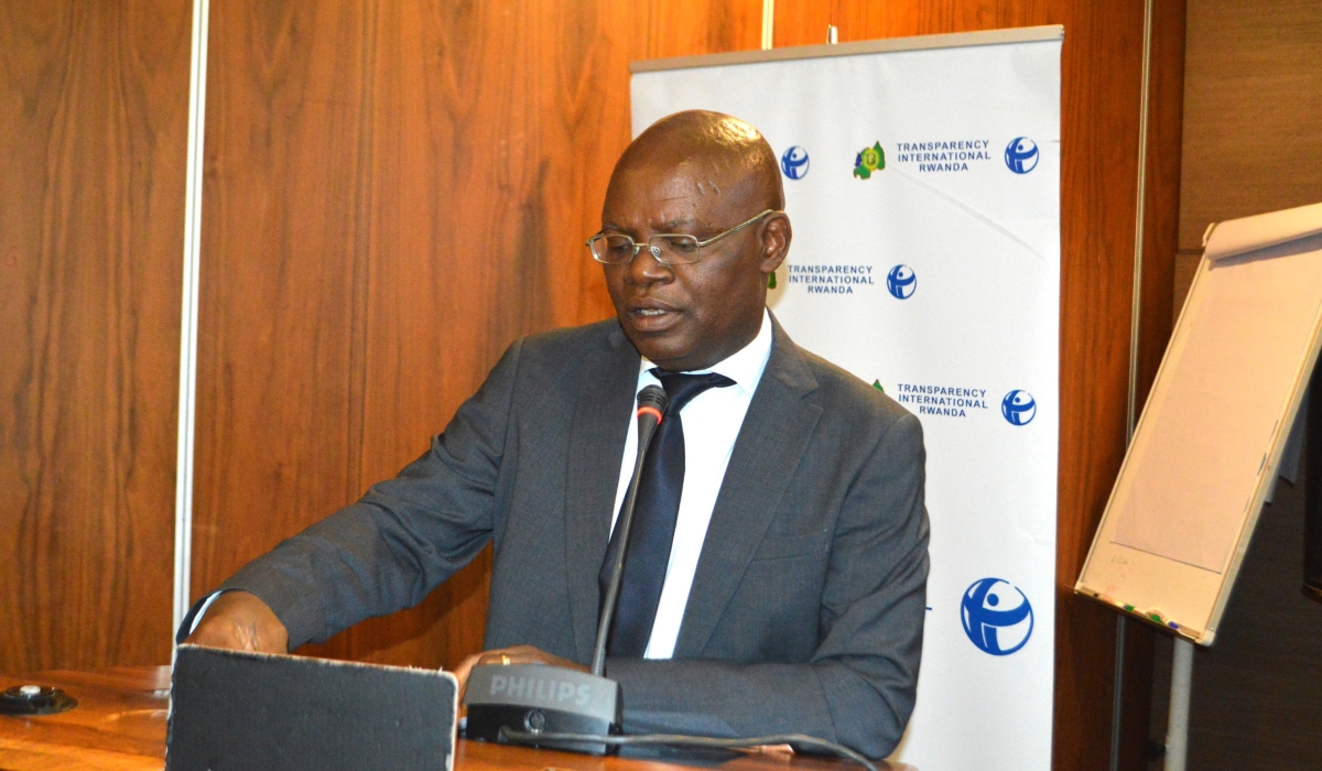 Transparency International (T.I) Rwanda Executive, Appollinaire Mupiganyi delivers remarks during the presentation of the report on Friday, November 24. Courtesy 