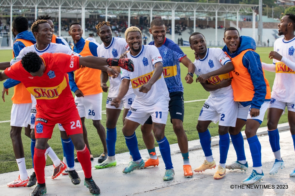 Rayon Sports players celebrate the 2-1 victory against Police FC at Kigali Pele stadium on Tuesday, November 28 . PHOTO BY CRAISH Bahizi