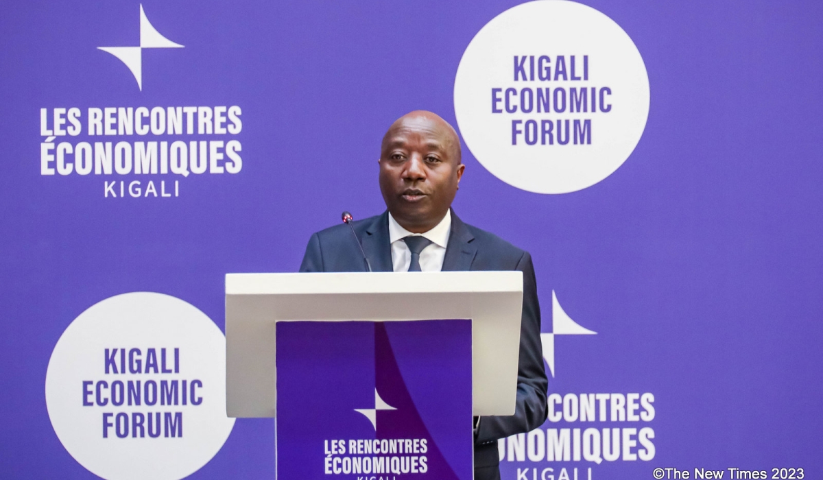 Prime Minister Edouard Ngirente  delivers remarks at  the Kigali Economic Forum on Monday, November 27. Photos by Dan Gatsinzi