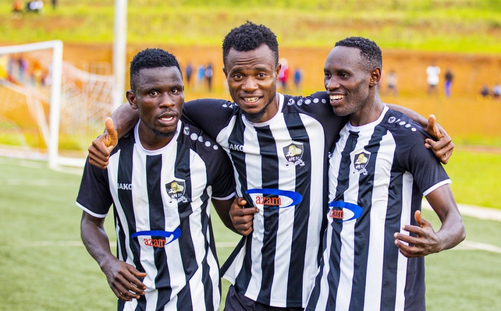 APR FC goal scorer Victor Mbaoma (C) with his teammates celebrate a 1-0 victory against Sunrise FC  at Nyagatare Stadium on Wednesday, November 29. Courtesy