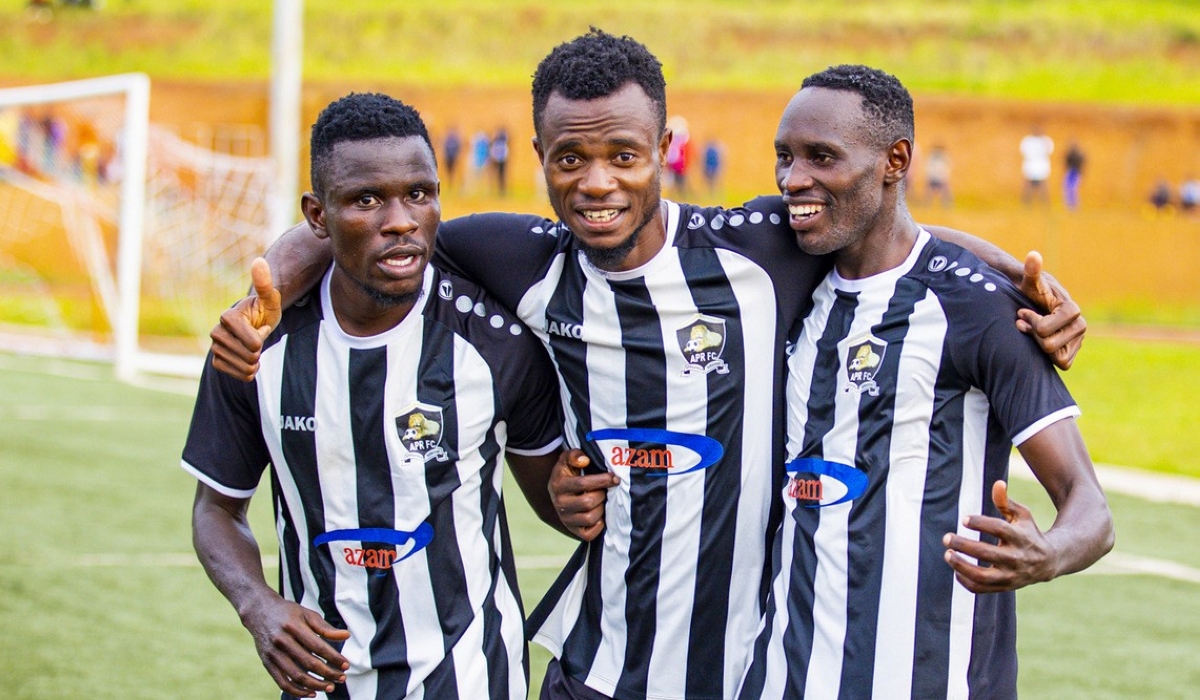 APR FC goal scorer Victor Mbaoma (C) with his teammates celebrate a 1-0 victory against Sunrise FC  at Nyagatare Stadium on Wednesday, November 29. Courtesy