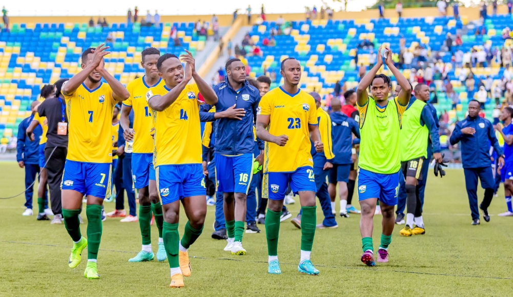 National football team captain Djihad Biziman leads his teammates while thanking supporters after shocking Bafana Bafana 2-0 at Huye Stadium. Courtesy