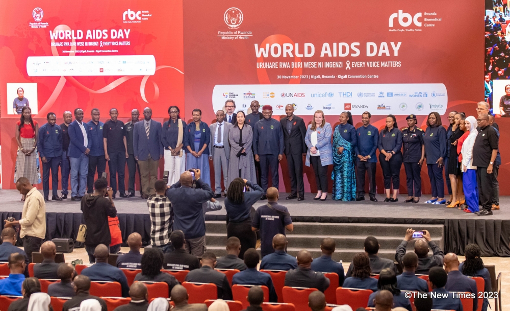Delegates pose for a group photo as Rwanda marks World AIDS Day in Kigali, November 30.
