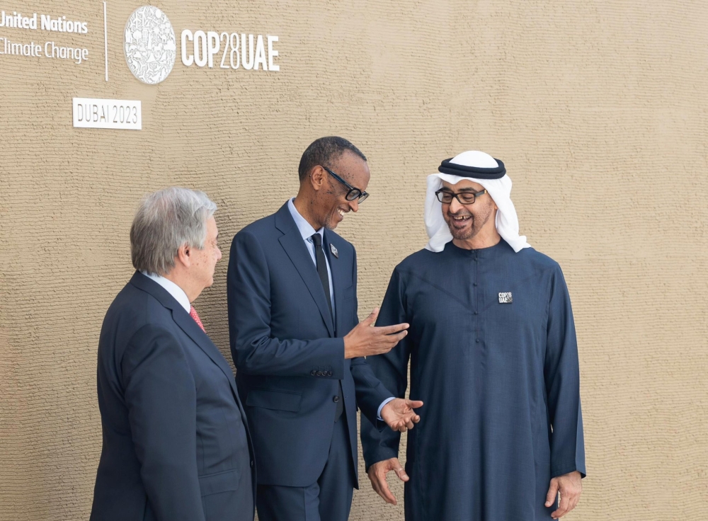 President Paul Kagame interacts with  the United Arab Emirates President Sheikh Mohammed Bin Zayed Al Nahyan and UN Secretary General Antonío Guterres at the opening ceremony of the UN Climate Change Conference (COP28) in the United Arab Emirates, on Friday, December 1. Photo by Village Urugwiro