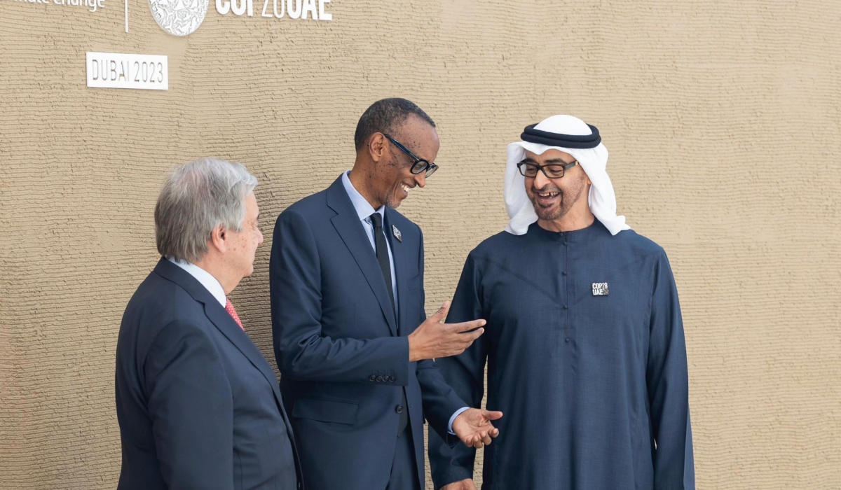 President Paul Kagame interacts with  the United Arab Emirates President Sheikh Mohammed Bin Zayed Al Nahyan and UN Secretary General Antonío Guterres at the opening ceremony of the UN Climate Change Conference (COP28) in the United Arab Emirates, on Friday, December 1. Photo by Village Urugwiro