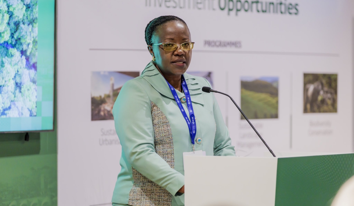 Environment Minister Jeanne d&#039;Arc Mujawamariya officiates the launch of Rwanda&#039;s Carbon Market Framework, on December 2, 2023, at COP28 in Dubai, UAE. She highlighted that this is a crucial move to advance climate action and facilitate Rwanda’s participation and maximize carbon market opportunities. 