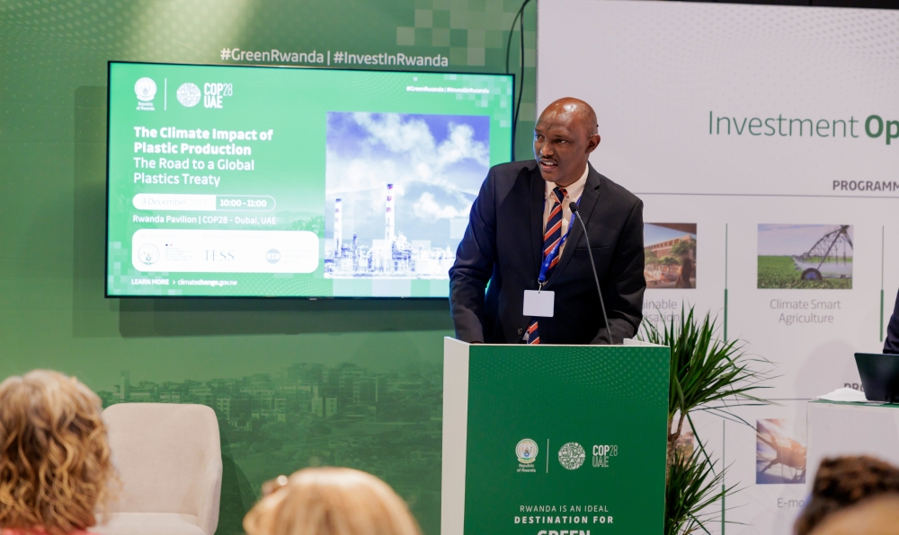 Faustin Munyazikwiye, the Deputy Director General of REMA) Dduring his presentation on the impacts of plastic waste at COP28 in Dubai. Courtesy