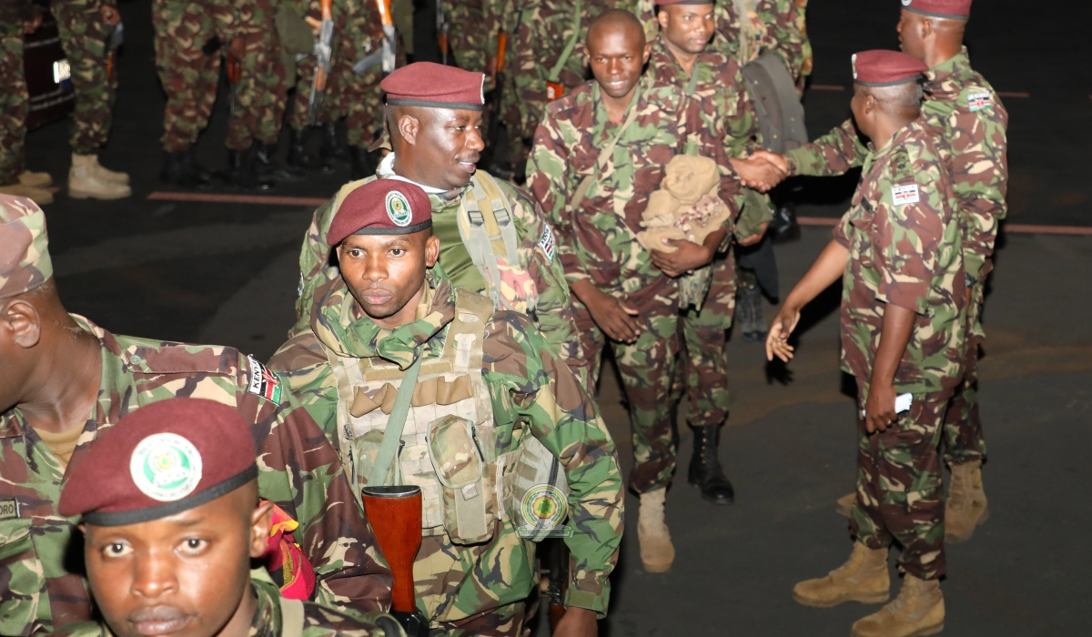 Kenyan troops under the East African Community Regional Force (EACRF) boarding a plane. EACRAF announced that it will hand over to troops from the Southern African Development Community (SADC). Courtesy