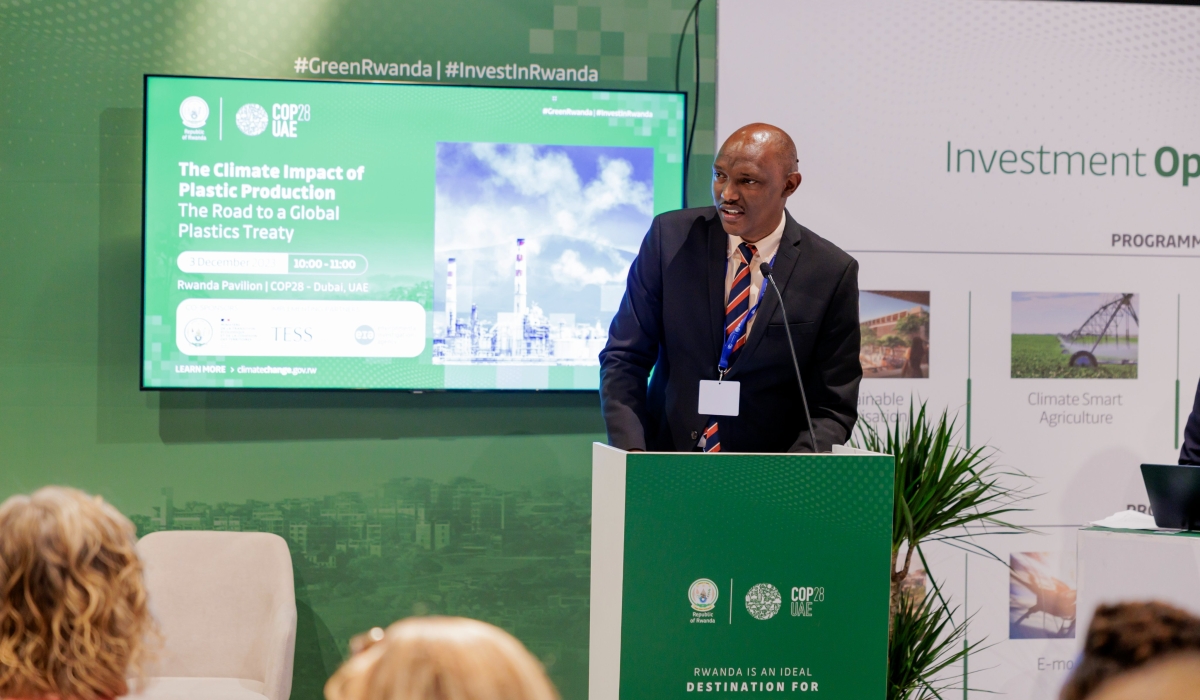Faustin Munyazikwiye, the Deputy Director General of REMA) Dduring his presentation on the impacts of plastic waste at COP28 in Dubai. Courtesy