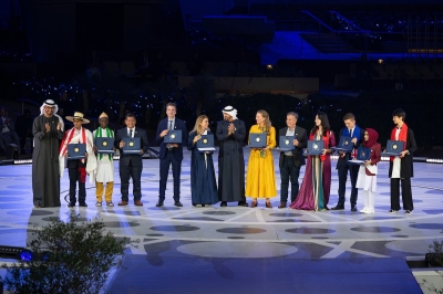 Ignite Power co-founder Angela Homsi (6th from left) in a group photo with other winners of the 15th Zayed Sustainability Prize, and UAE leaders, in Dubai, on December 2, 2023. COURTESY