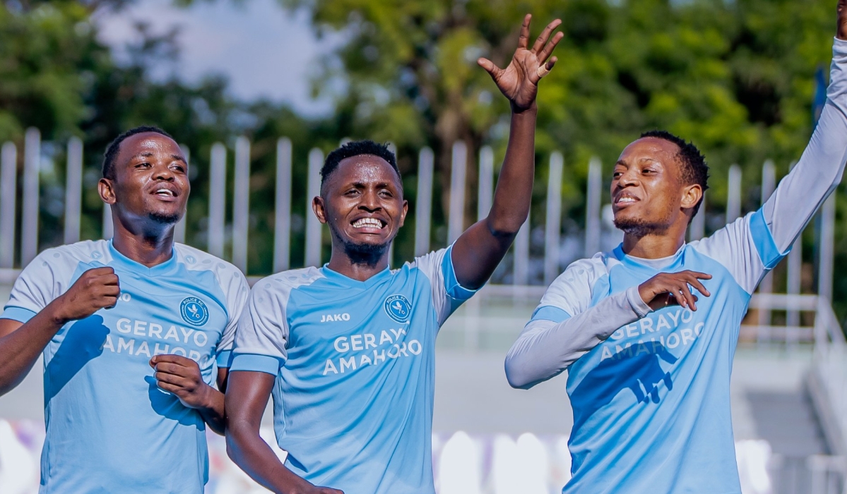 Police FC attacking midfielder Muhajiri Hakizimana with his teammate celebrate his brace against Marine