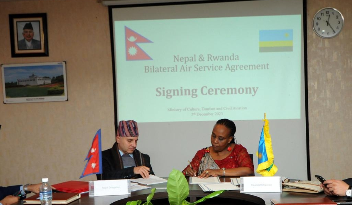 Rwanda’s envoy to Nepal  Amb. Jacqueline Mukangira during the signing ceremony of a Bilateral Air Service Agreement (BASA) between the two countries on December 5. Courtesy