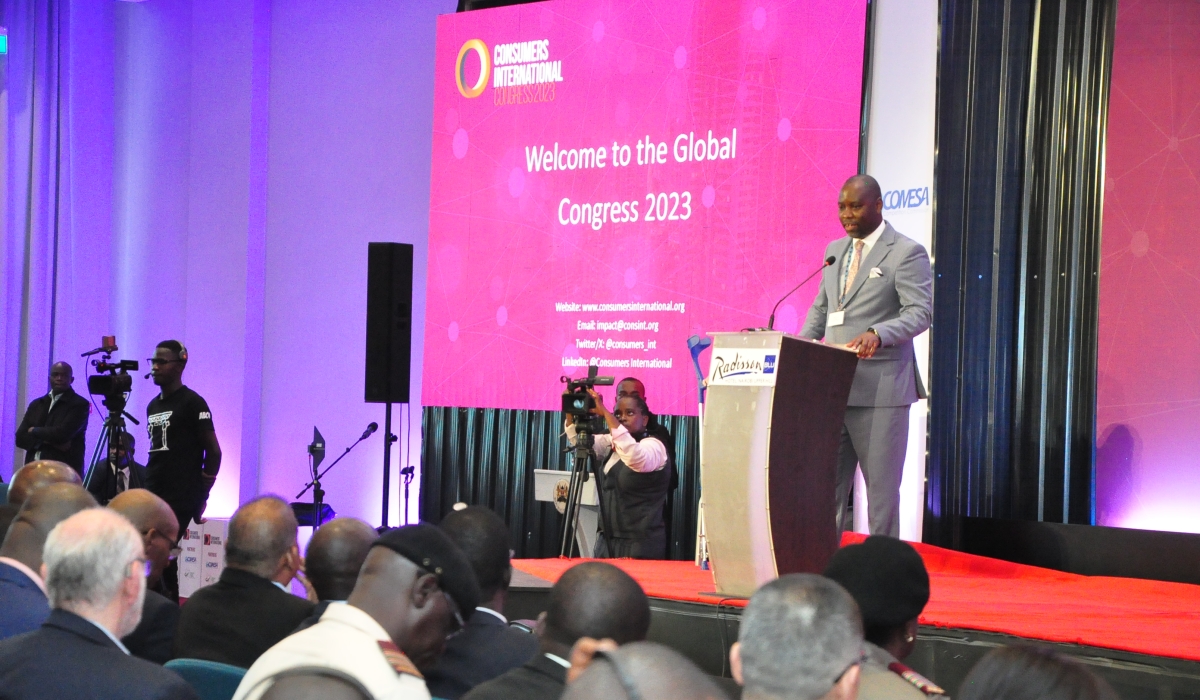 Dr. Willard Mwemba, the COMESA Competition Commission Executive Director speaking today at the Consumer International Congress 2023 at Radison Blu, in Nairobi Kenya. COMESA Competition Commission is in charge of regulating Consumer rights protection and Competition matters in all the 21 COMESA member states.