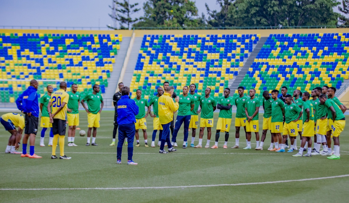 Amavubi players during a past training session at Huye stadium. CAF has informed FERWAFA that a pitch expert will travel to Huye in the coming weeks to carry out an independent inspection of Huye Stadium . Courtesy