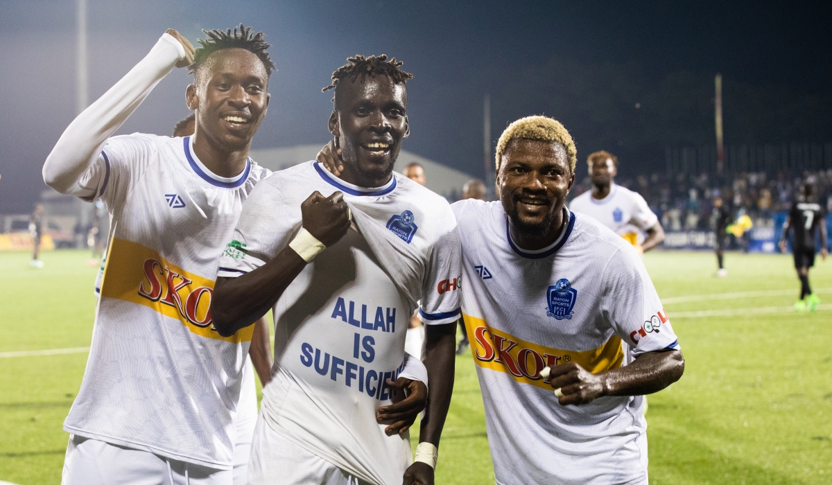 Rayon Sports players  celebrate the second goal as they beat Muhazi United 2-0 on Wednesday at Kigali Pele Stadium. All Photos by Craish Bahizi