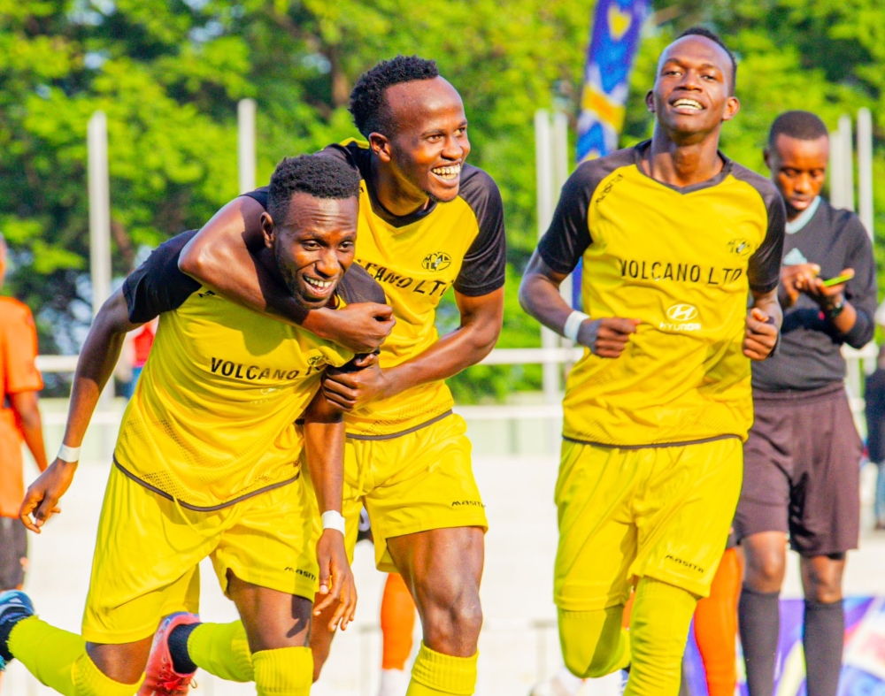Mukura Victory Sports players celebrate the fourth goal as Huye based team  stun Gasogi United 4-2 in a thrilling match  at Kigali Pele Stadium on Saturday. Courtesy
