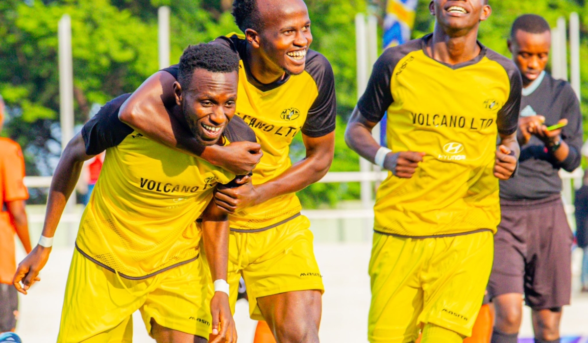 Mukura Victory Sports players celebrate the fourth goal as Huye based team  stun Gasogi United 4-2 in a thrilling match  at Kigali Pele Stadium on Saturday. Courtesy