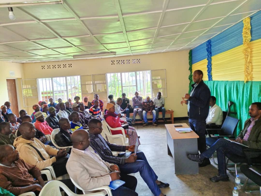 Member of parliament Eugene Musolini addresses residents at Nyagihanga Sector, Gatsibo District. Courtesy