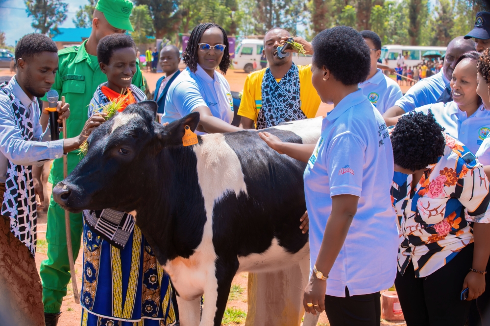 Dar Al-Handasah Consultants Rwanda officials hand over a cow to vulnerable households as part of the national ‘Girinka’ programme  in Shyara Sector. Photo by Courtesy