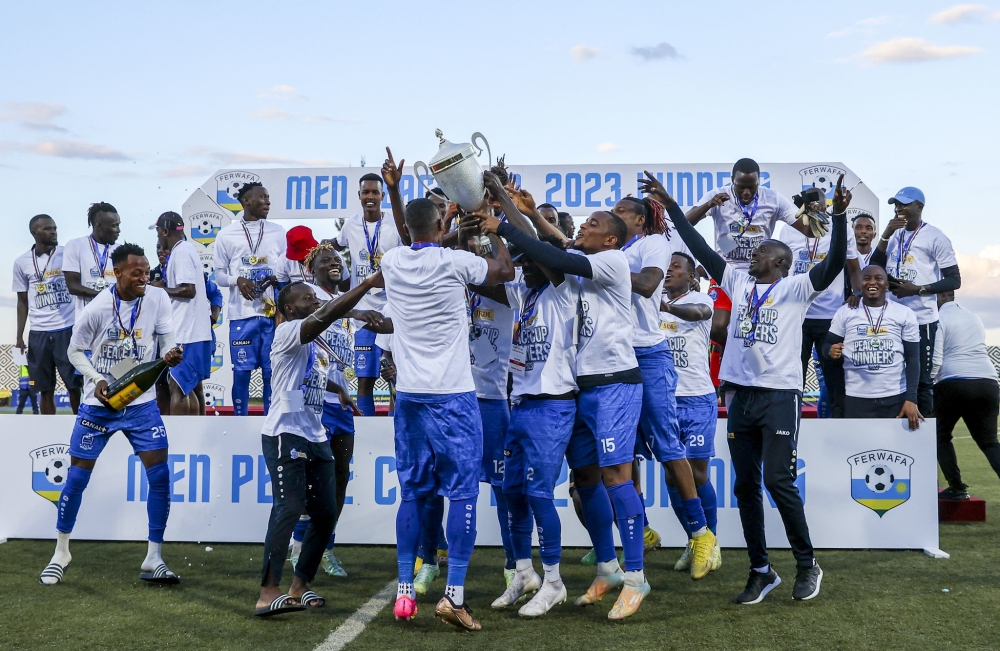Peace Cup winners celebrate the title after beating APR 1-0 at Huye Stadium on June 3, 2023. The 2023-24 FERWAFA Peace Cup campaign is scheduled to kick off on December 20 with first qualifying round. Olivier Mugwiza