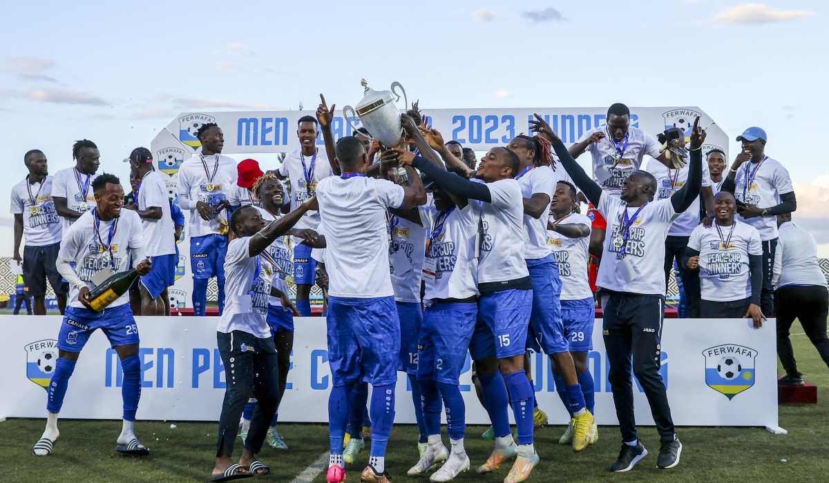 Peace Cup winners celebrate the title after beating APR 1-0 at Huye Stadium on June 3, 2023. The 2023-24 FERWAFA Peace Cup campaign is scheduled to kick off on December 20 with first qualifying round. Olivier Mugwiza