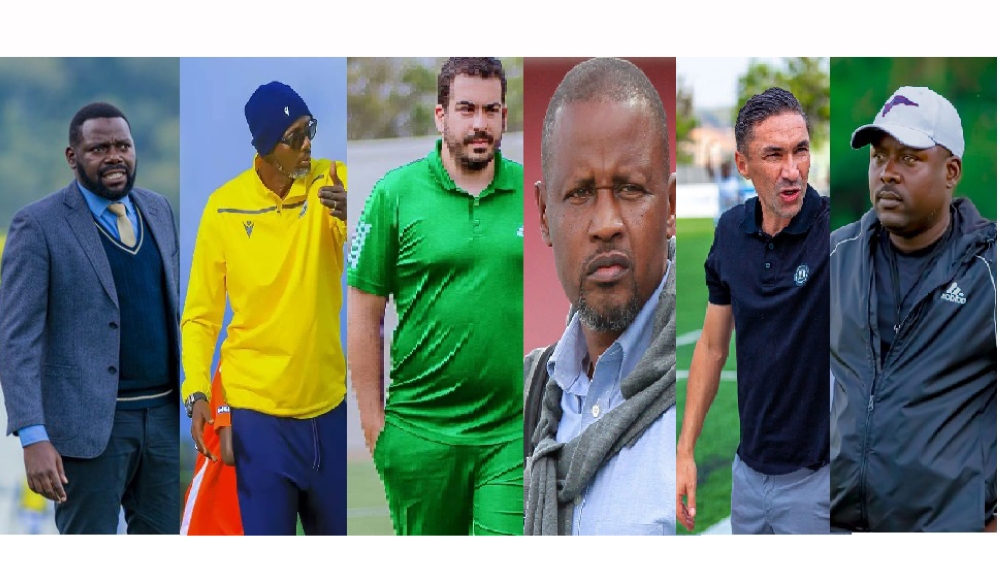 (L-R) In just four months, six coaches were let go: Hassan Muhire of Sunrise FC, Eric Nshimiyimana of Bugesera, Petros Koukouras of Kiyovu Sports, Andre Casa Mbungo of AS Kigali, Yamen Zelfani of Rayon Sports, Maurice Nshimiyimana of Etoile. COURTESY