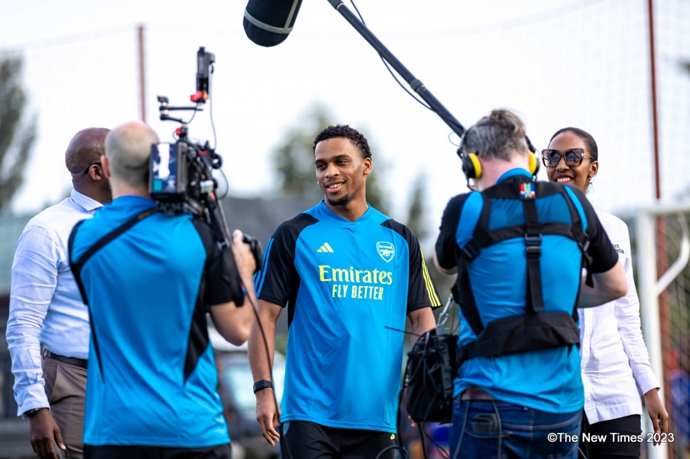 Arsenal FC defender Jurrien Timber speaks to journalists at Kigali Pele Stadium on Thursday, December 14. Photos by Dan Gatsinzi
