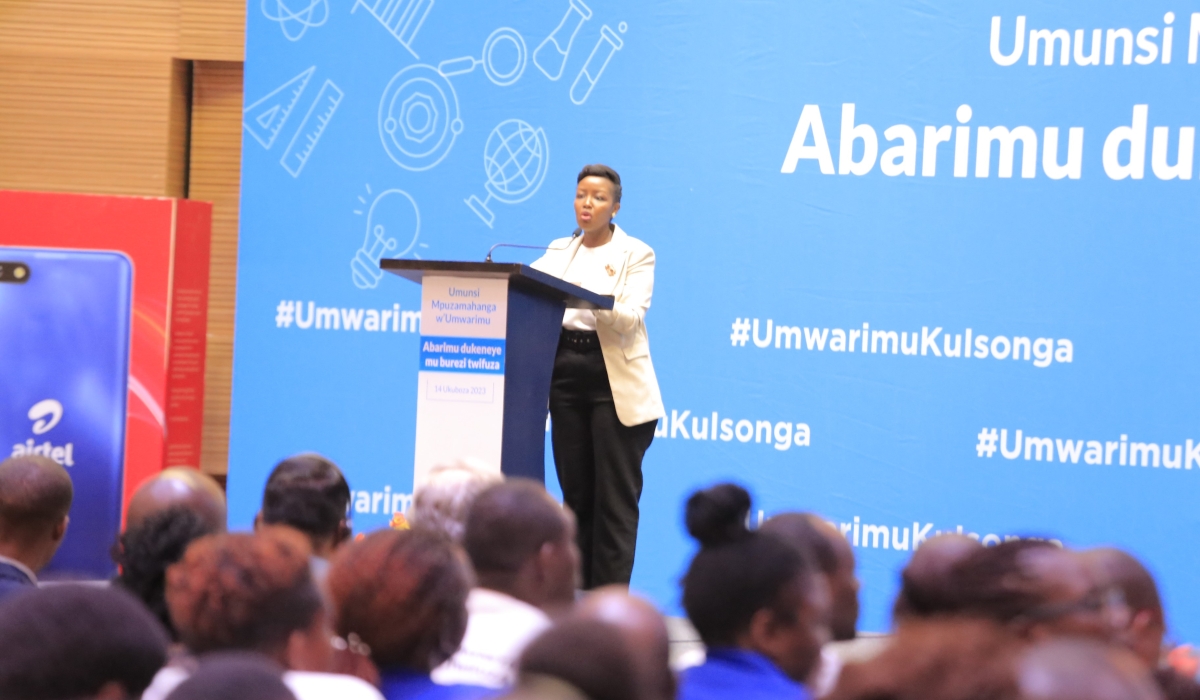 Paula Ingabire, Minister of ICT and Innovation delivers remarks during  World Teacher’s Day ceremony  on Thursday, December 14.Courtesy