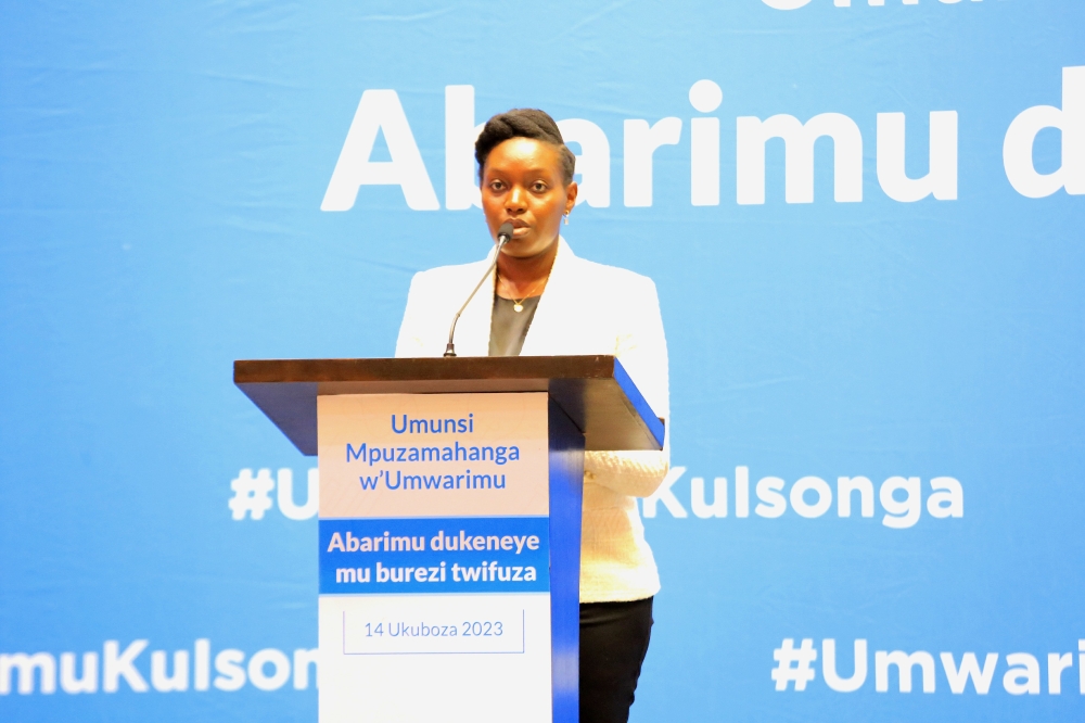 Minister of State for Education, Claudette Irere delivers remarks during  the event to mark World Teachers’ Day in Kigali on December 14. Courtesy