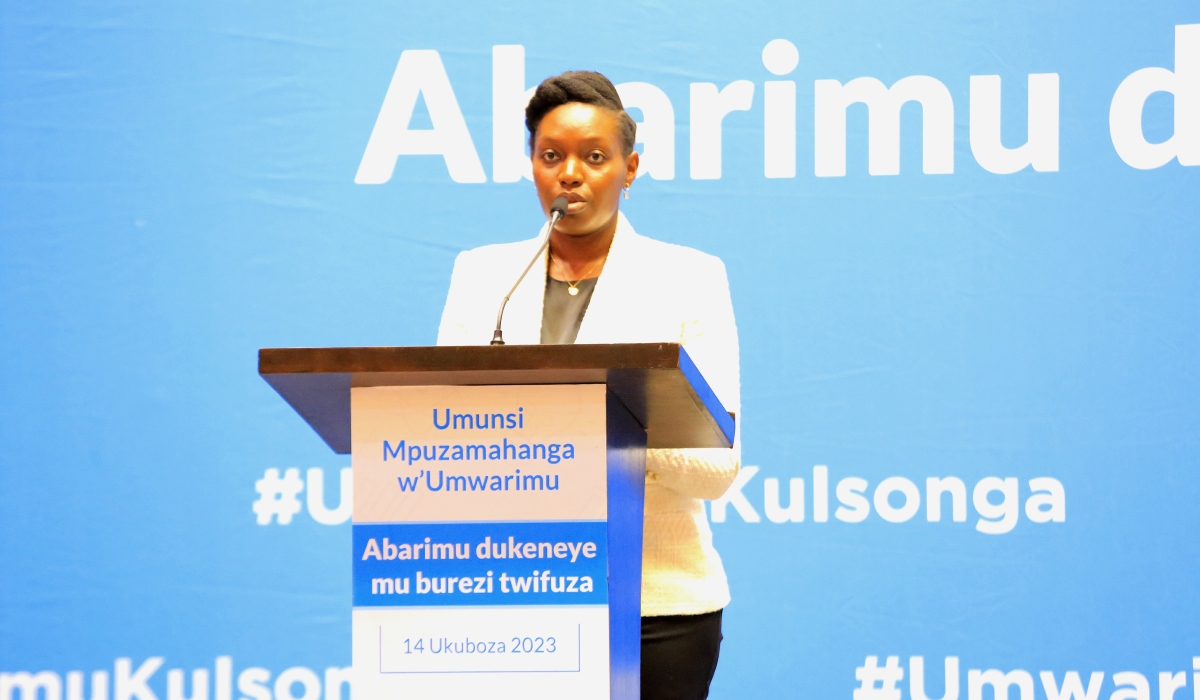 Minister of State for Education, Claudette Irere delivers remarks during  the event to mark World Teachers’ Day in Kigali on December 14. Courtesy