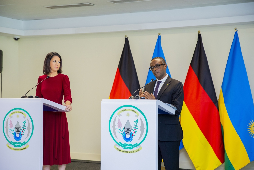 Minister of Foreign Affairs Dr Vincent Biruta and Annalena Baerbock, Germany Minister of Foreign Affairs  address journalists on Monday, December 18. Courtesy