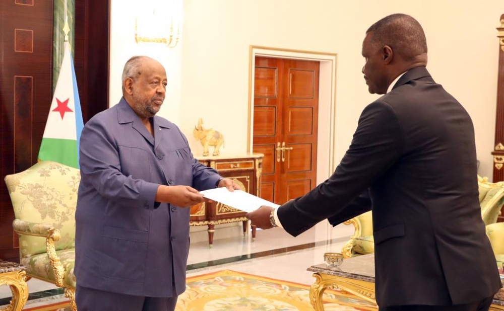 Amb. Charles Karamba  presenting letters of credence to President Ismail Omar Guelleh of Djibouti, as the Ambassador Extraordinary and Plenipotentiary of Rwanda accredited to Djibouti on Monday, December 18. Courtesy