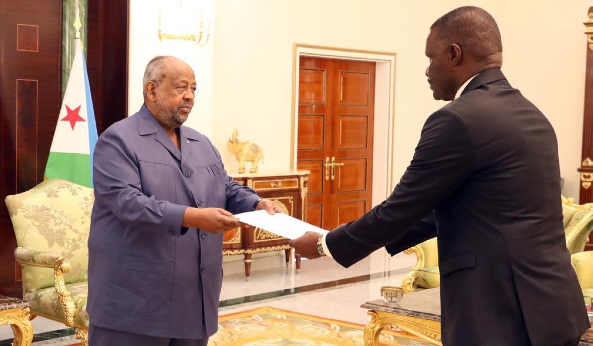 Amb. Charles Karamba  presenting letters of credence to President Ismail Omar Guelleh of Djibouti, as the Ambassador Extraordinary and Plenipotentiary of Rwanda accredited to Djibouti on Monday, December 18. Courtesy