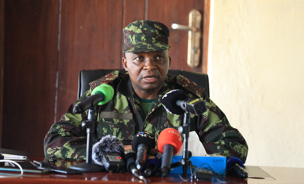 Maj. Gen. Tiago Alberto Nampele, the Army Commander of the Mozambique Defence Forces, speaks to reporters in Mocimboa da Praia on Tuesday, December 19. Photo by Christianne Murengerantwari