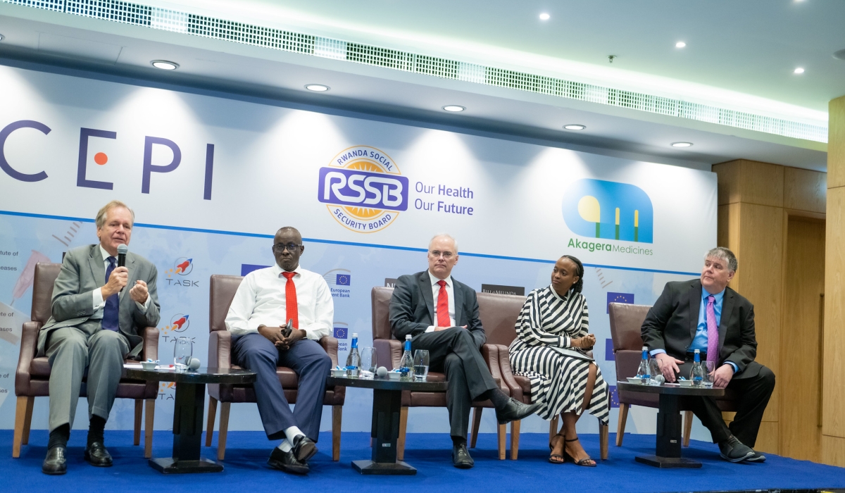 Panelists during the meeting where Akagera Medicines and the Coalition for Epidemic Preparedness Innovations launched a new $1.46 million partnership to enhance vaccine delivery and accessibility in Africa. Photo: Olivier Mugwiza