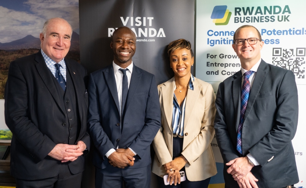 (L-R) Richard Moir, a board member of the London Chamber of Commerce, Isaac Alabi, Operations Director at RB (UK), Michaëlle Kubwimana, Networking Director at RB (UK), and Nicholas Stevens (CEO of NTL Trust) pictured during a networking event organised by Rwanda Business UK this year. Courtesy