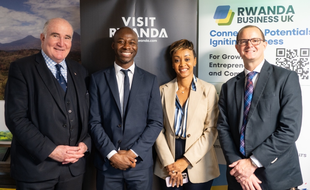 (L-R) Richard Moir, a board member of the London Chamber of Commerce, Isaac Alabi, Operations Director at RB (UK), Michaëlle Kubwimana, Networking Director at RB (UK), and Nicholas Stevens (CEO of NTL Trust) pictured during a networking event organised by Rwanda Business UK this year. Courtesy